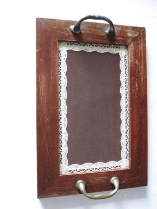 Vassoio antico in legno piano vetro decoro cucito