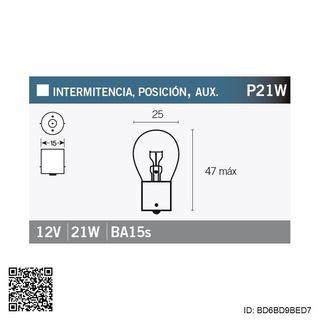 Bombilla OSRAM 7506 P21W para motociclet BD6B