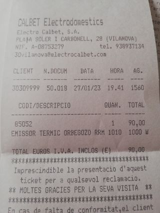 Emisor térmico en garantia, bajo consumo.