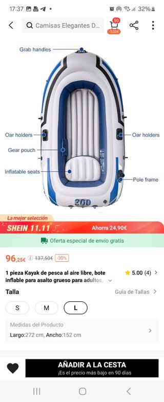 Barca inflable 272 × 135 cm Para 3adultos  y 1 niñ