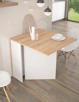 Mesa madera blanca y roble con alas abatibles