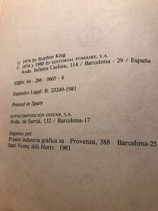 Stephen King. Carrie. Pomaire. Primera edicion