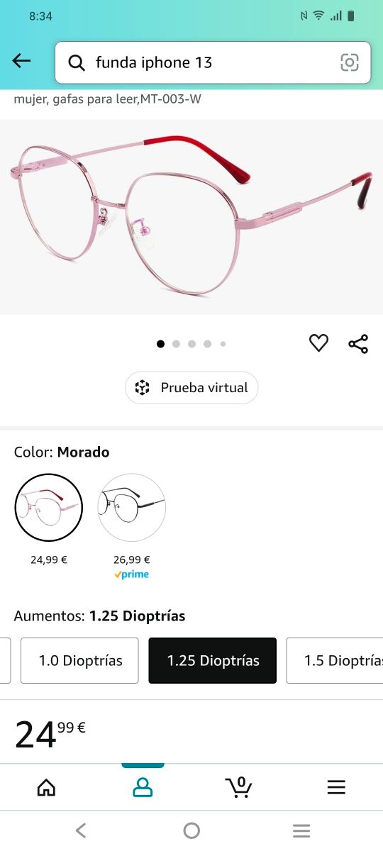 Gafas de lectura, 1,25 dioptrías.