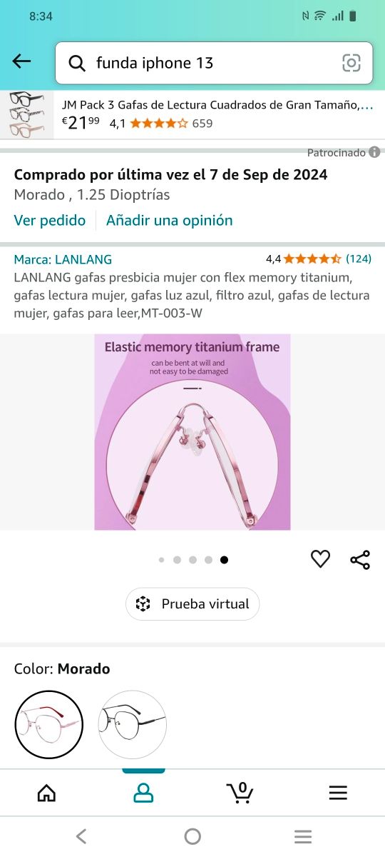 Gafas de lectura, 1,25 dioptrías.