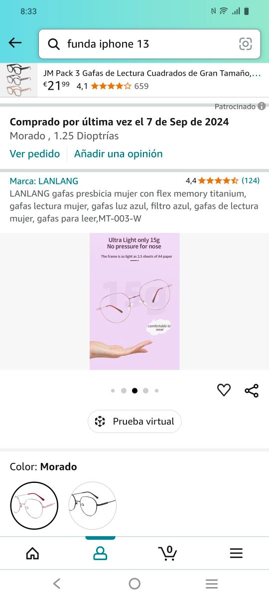 Gafas de lectura, 1,25 dioptrías.
