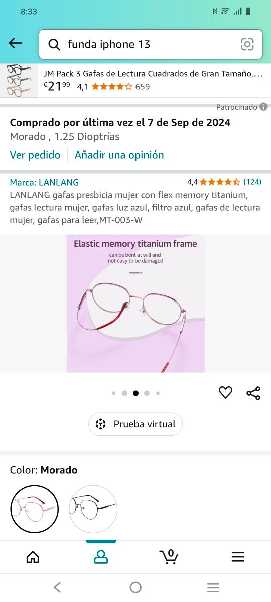 Gafas de lectura, 1,25 dioptrías.
