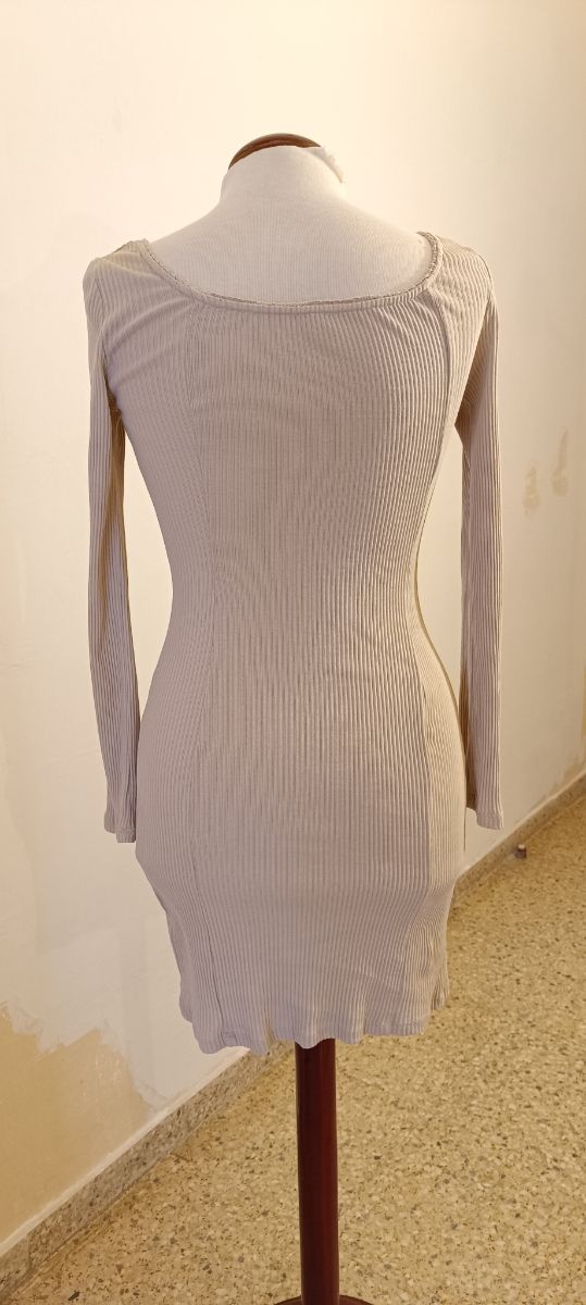 Vestido punto manga larga beige, talla 36