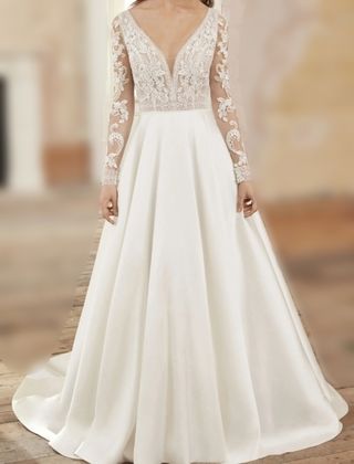 Vestido novia mangas largas desmontablevelo/cancán