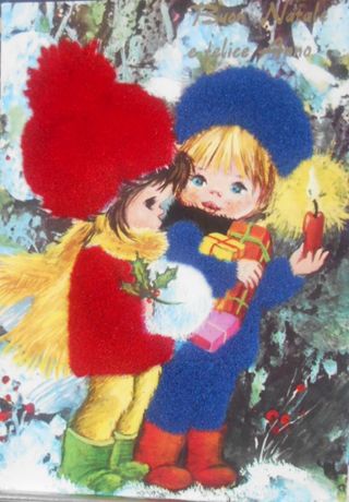 Cartolina augurale 1973 Figure con costumi tessuto
