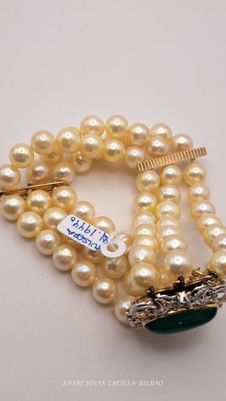 Pulsera Perlas 3 Vueltas Oro 18K Zafiro y Crisopas
