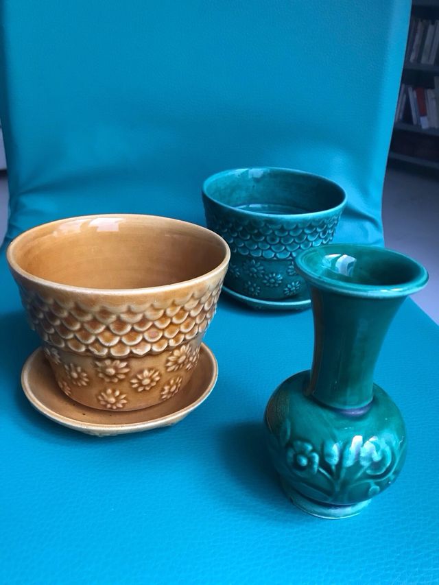 MACETAS CERÁMICA CON PLATILLO Y JARRONCITO 