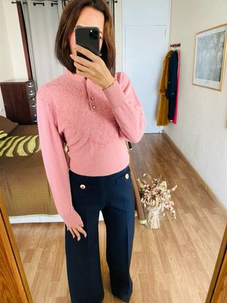 Jersey rosa lana y angora botones joya talla S/M
