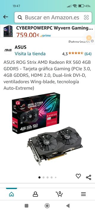 Tarjeta grafica Asus RX 560 4gb