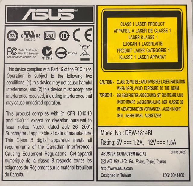 Regradora DVD Asus DRW-1814BL con interfaz IDE