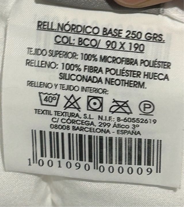 Relleno saco Nórdico cama 90cm. Marca Textura