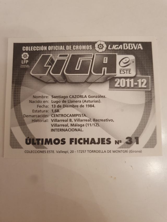 Cromo Liga Este 2011-12. Cazorla. UF 31