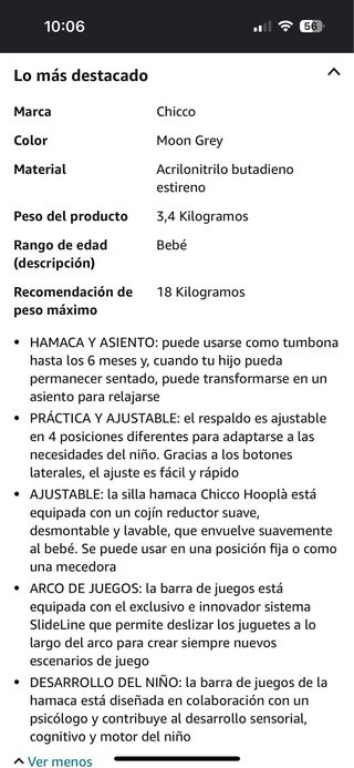 Chicco Hooplà Hamaca para Bebé de 0 Meses a 18 kg.