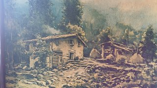 Cuadro antiguo - casa vieja - marco de madera