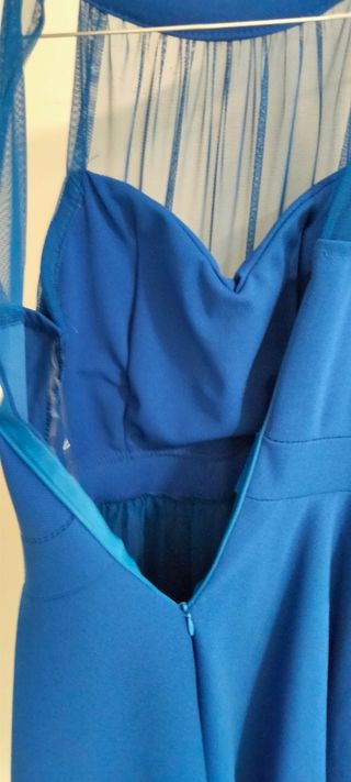 Vestido fiesta azulon midi cuello halter