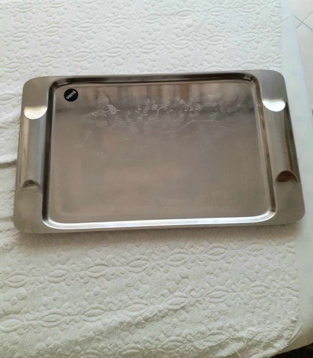 Vassoio acciaio Vemi vintage con incisione (anni70