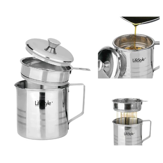 Grasera metálica con filtro, asa y tapa