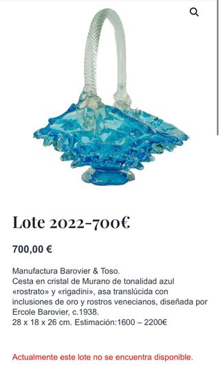 Antigua cesta en cristal de Murano Barovier & Toso
