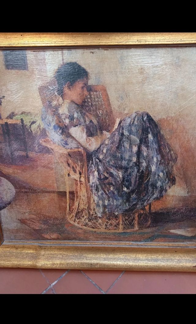 ANTIGUO CUADRO VINTAGE MUJER SENTADA EN MIMBRE