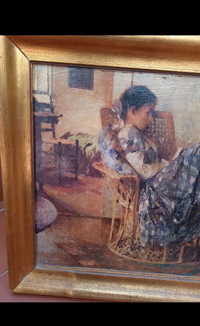ANTIGUO CUADRO VINTAGE MUJER SENTADA EN MIMBRE