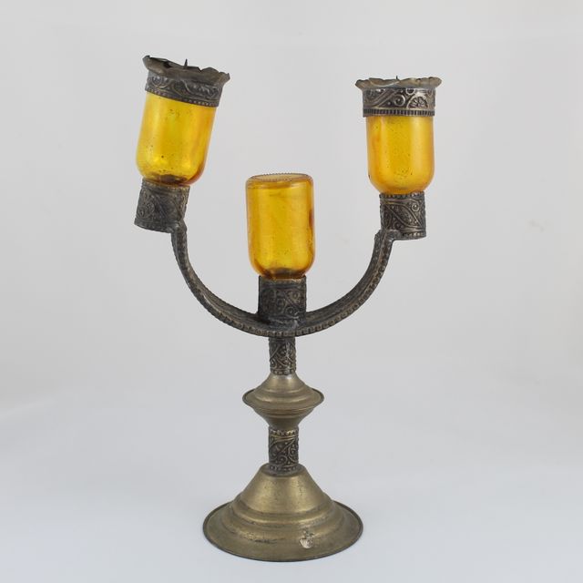 Candelabro Vintage Metal y Cristal Ambar Steampunk