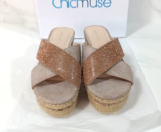 Sandalia mujer cuña look brillo esparto talla37