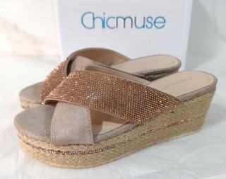 Sandalia mujer cuña look brillo esparto talla37
