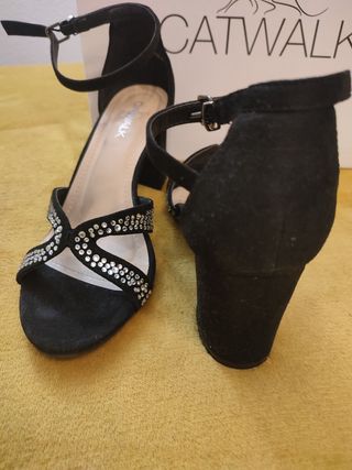 Sandalias tacón 37 negro/ brillos