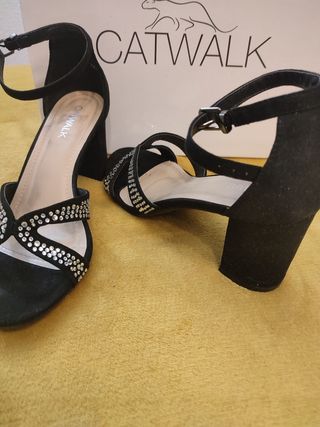 Sandalias tacón 37 negro/ brillos