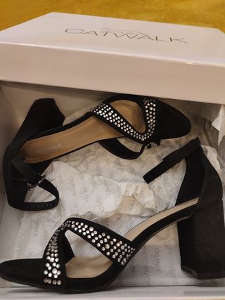 Sandalias tacón 37 negro/ brillos