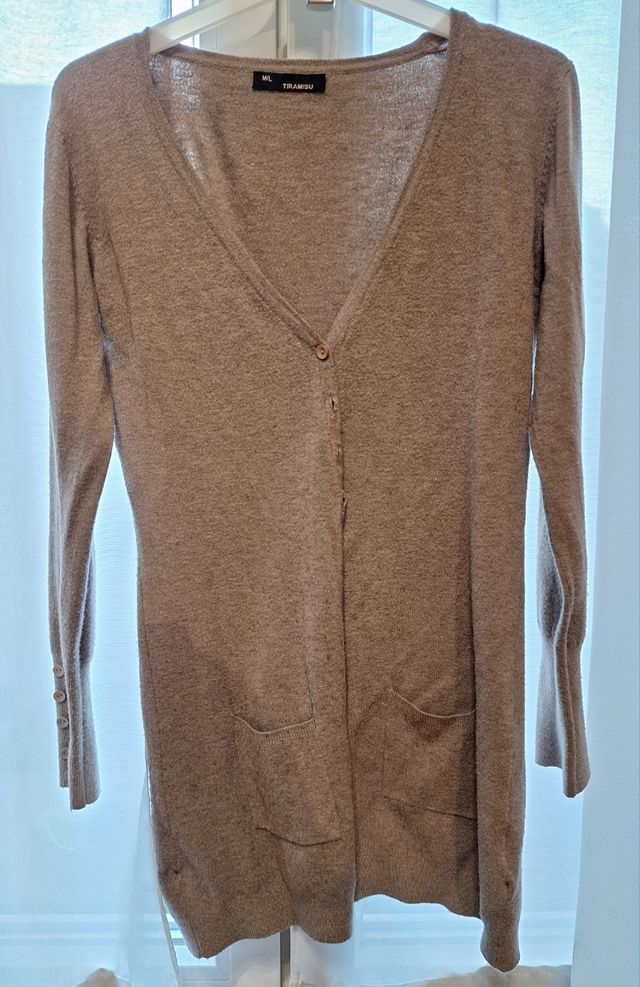 cardigan lungo in maglia color beige-tortora