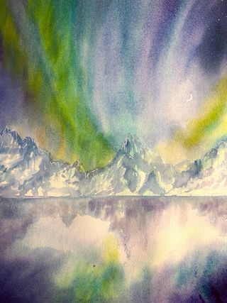 Acuarela original aurora boreal