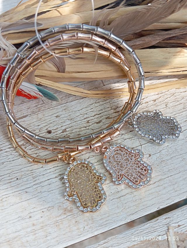 Juego de 3 pulseras amuleto búho o mano de fatima