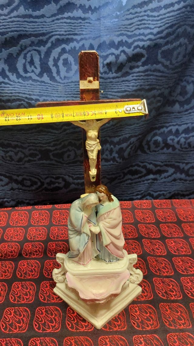 Antica acquasantiera porcellana francese cocifisso