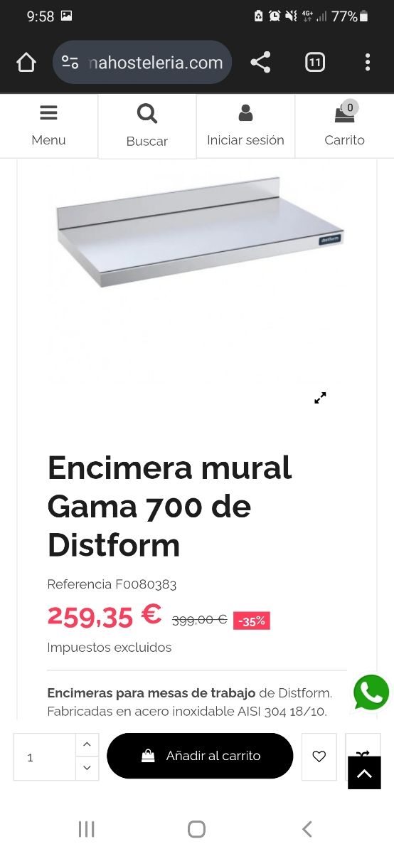 Mesa encimera mural de  acero inoxidable