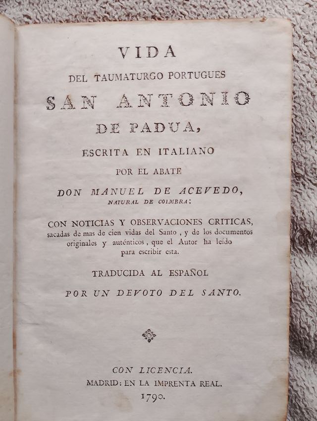 Antiguo libro "VIDA de SAN ANTONIO de PADUA" 1790