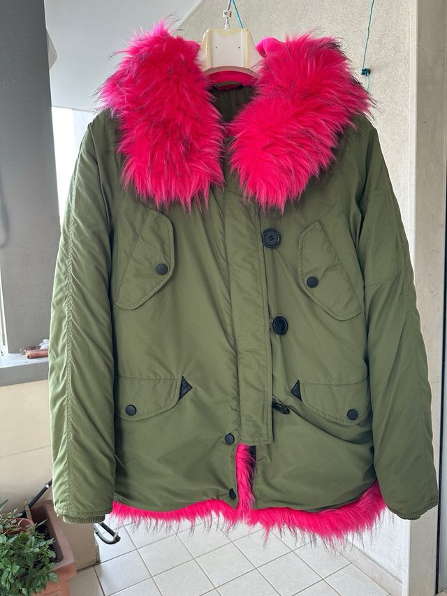 Giubbotto-Parka verde militare e fucsia