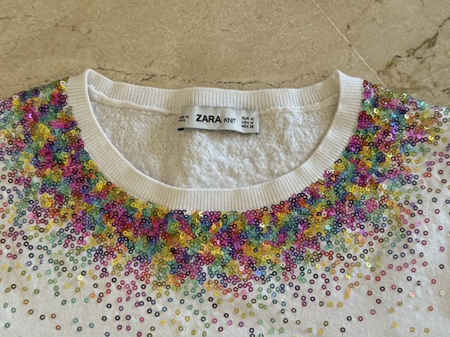 Jersey blanco lentejuelas de Zara Knit. Talla M