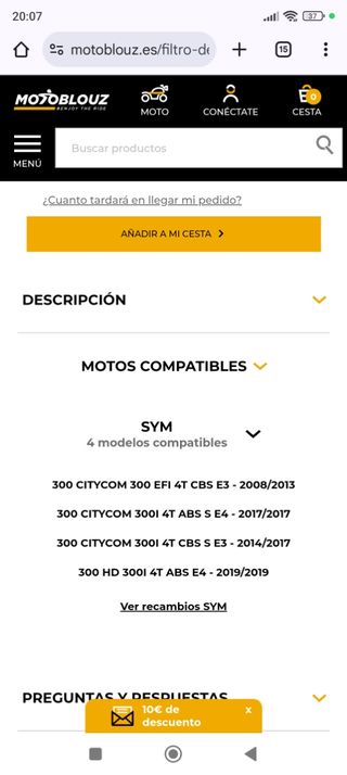 Filtro de aire sym scooter 
