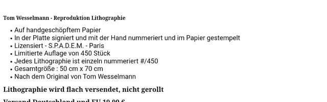 Litografía edición.lim. Tom Wesselmann