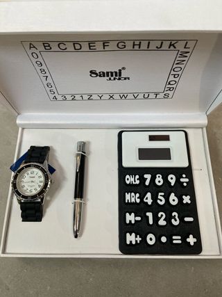 Estuche reloj + boli + calculadora