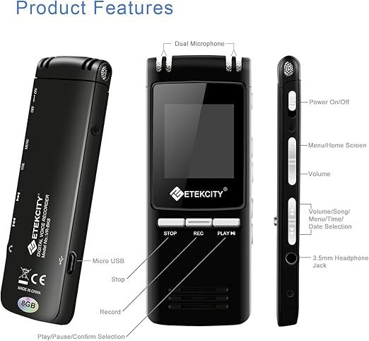 Registratore vocale Etekcity 8 GB 560 ore