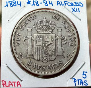 Moneda PLATA 5 Pesetas 1884 *(18-84) ALFONSO XII.