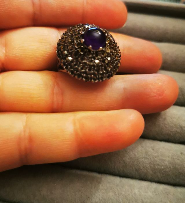 Anillo antiguo plata, amatista y marcasitas