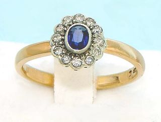 Anello Oro 22K e Platino - Zaffiro blu e Diamanti