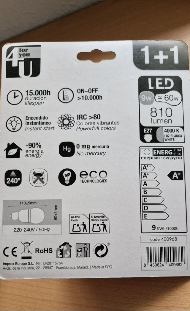 Bombilla LED ESTAN E27 9W 810LM PROMO 1+1